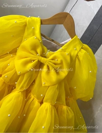 White Pearls Work Ruffled Partywear Yellow Frock  - 2-3 Years