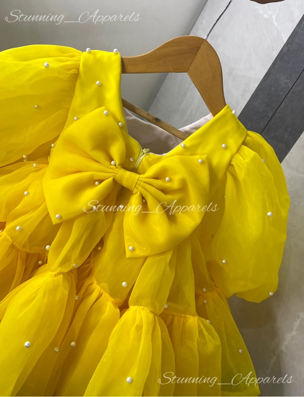 White Pearls Work Ruffled Partywear Yellow Frock  - 2-3 Years