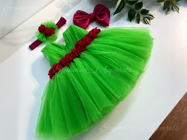 Magenta Flower Work Partywear Green Frock  - 9-12month