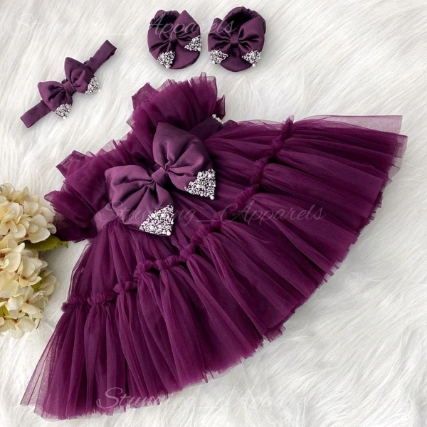 Hand Work Designer Partywear Wine Frock  - 0-3 Months