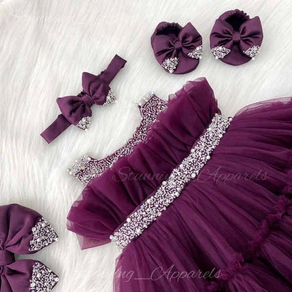 Hand Work Designer Partywear Wine Frock  - 0-3 Months