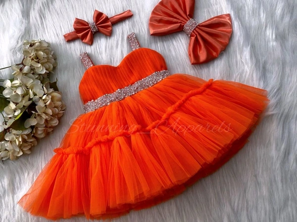 Sweetheart Hand Work Partywear Orange Dress  - 9-12 Month