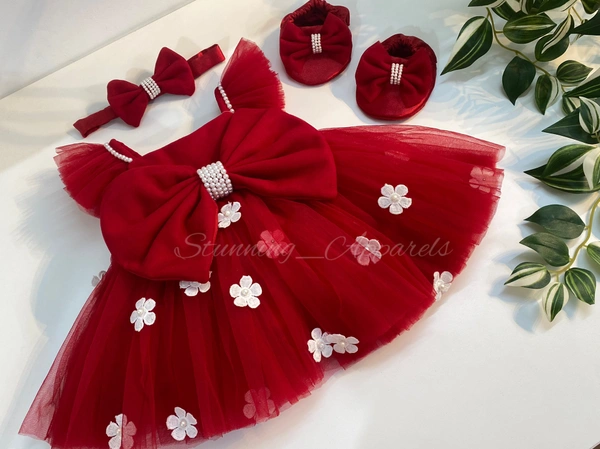 Strapped Sleeves White Flower Work Red Partywear Dress - 1-2 Years