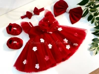 Strapped Sleeves White Flower Work Red Partywear Dress - 4-5 Years