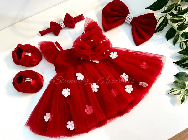 Strapped Sleeves White Flower Work Red Partywear Dress - 4-5 Years