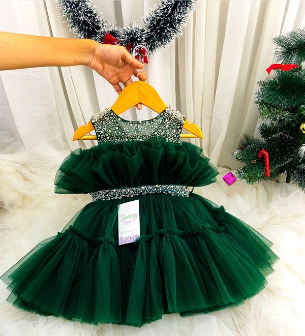 Hand Work Neckline Partywear Dark Green Frock 