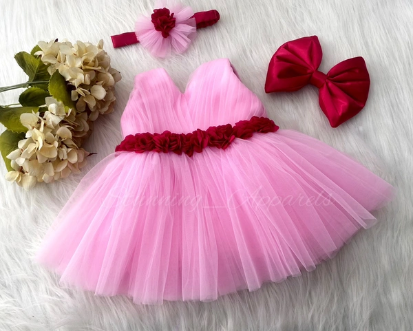 Waistline Magenta Flower Work Partywear Baby Pink Dress 