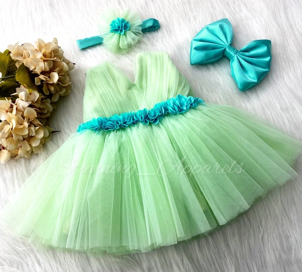 Waistline Sky Blue Flower Work Partywear Pista Green  Frock 