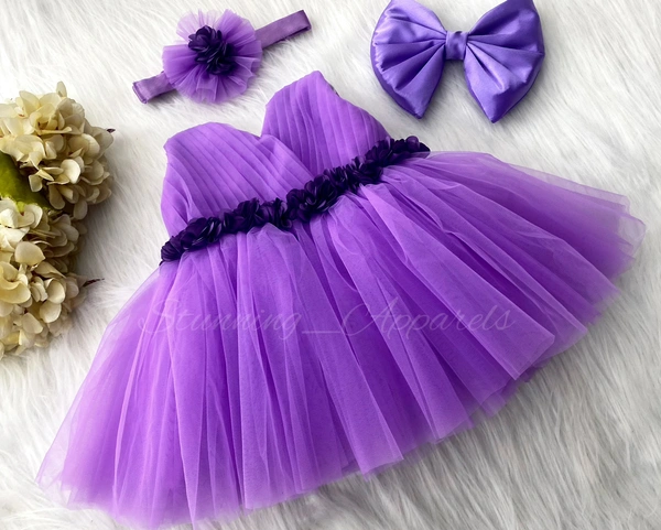 Waistline Dark Lavender Flower Work Partywear Lavender  Frock 