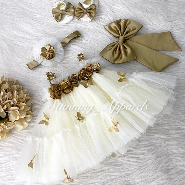 Golden Satin Bow And Butterfly Work Cream Dress  - 9-12 Month