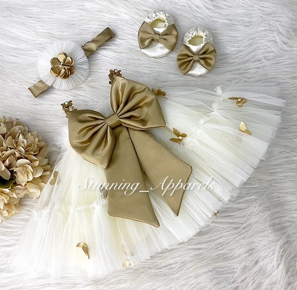 Golden Satin Bow And Butterfly Work Cream Dress  - 3-4 Years