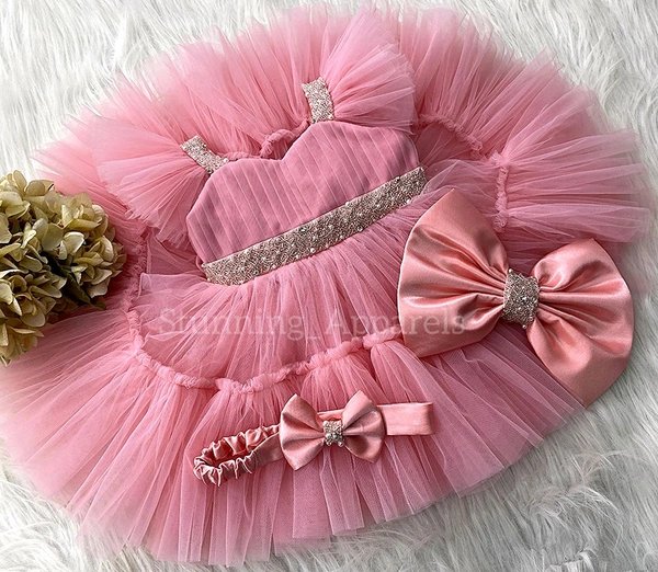 Designer Ruffled Sleeves Sweetheart Neckline Peach Dress  - 1-2 Years