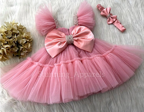 Designer Ruffled Sleeves Sweetheart Neckline Peach Dress  - 2-3 Years