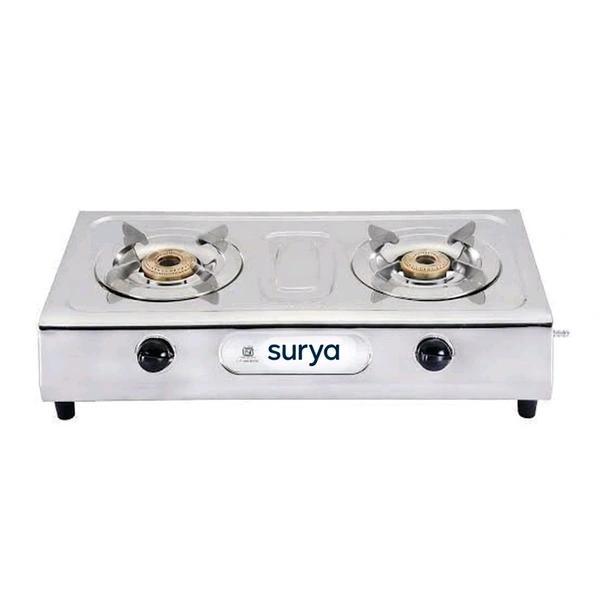 Surya Ultimate 2 Burner Stainless Steel LPG Gas Stove | High-Efficiency Brass Burners | ISI Certified | Mirror Finish Body (Silver)