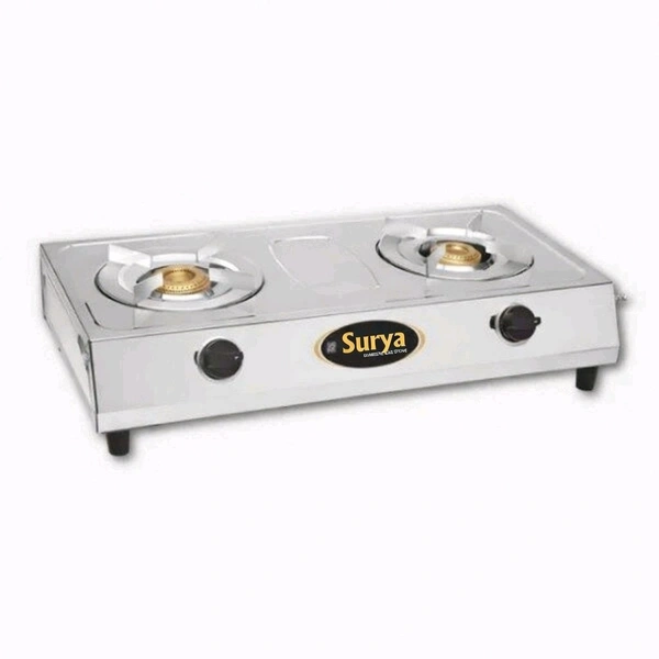 Surya Ultimate 2 Burner Stainless Steel LPG Gas Stove | High-Efficiency Brass Burners | ISI Certified | Mirror Finish Body (Silver)
