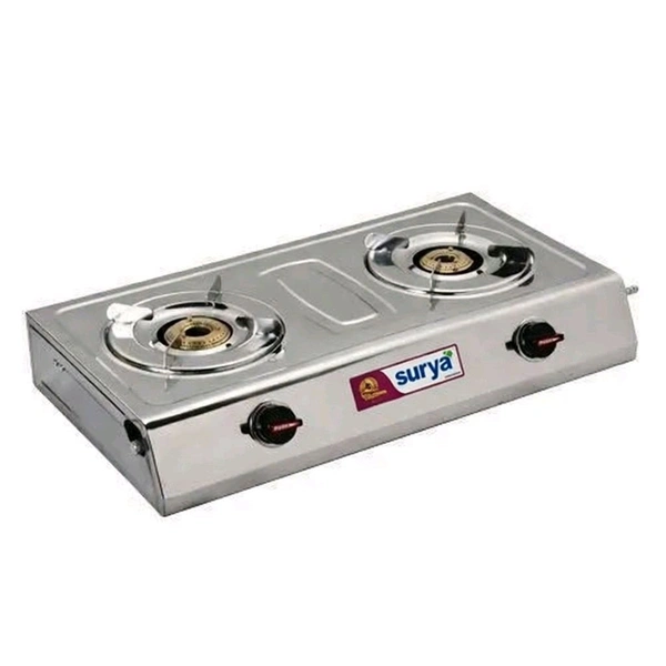 Surya Ultimate 2 Burner Stainless Steel LPG Gas Stove | High-Efficiency Brass Burners | ISI Certified | Mirror Finish Body (Silver)