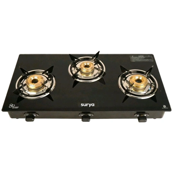 Surya Premium 3 Burner Toughened Glass Top Manual Gas Stove | High-Efficiency Brass Burners, Spill-Proof Design (Black)