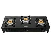 Surya Premium 3 Burner Toughened Glass Top Manual Gas Stove | High-Efficiency Brass Burners, Spill-Proof Design (Black)