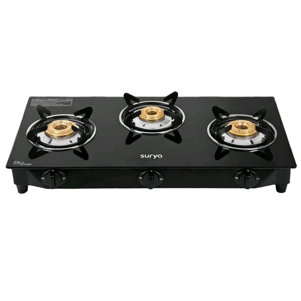 Surya Premium 3 Burner Toughened Glass Top Manual Gas Stove | High-Efficiency Brass Burners, Spill-Proof Design (Black)