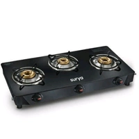 Surya Premium 3 Burner Toughened Glass Top Manual Gas Stove | High-Efficiency Brass Burners, Spill-Proof Design (Black)