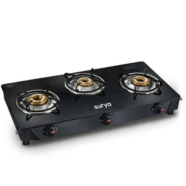 Surya Premium 3 Burner Toughened Glass Top Manual Gas Stove | High-Efficiency Brass Burners, Spill-Proof Design (Black)