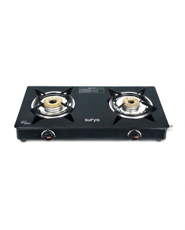 Surya Elite 2 Burner Toughened Glass Top Manual Gas Stove | High-Efficiency Brass Burners, ISI Certified, Black Finish