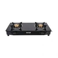 Surya Elite 2 Burner Toughened Glass Top Manual Gas Stove | High-Efficiency Brass Burners, ISI Certified, Black Finish