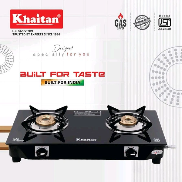 Khaitan 2 Burner Original Glass Gas Stove With One Year Warranty