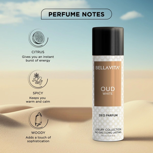 Bellavita Oud White Long Lasting Deodorant Spray NO Gas - Unisex - 150ML