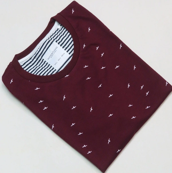 SOS Viral Attire  Denin& Flower Printed  Tshirt  - Maroon Aop, M