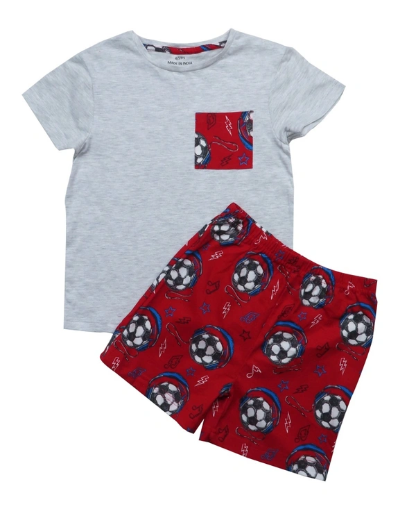 George  BOYS PRINTED SHORTY SET 803 - Grey Melange T shirt / Red AOP shorts, 4/5 Years