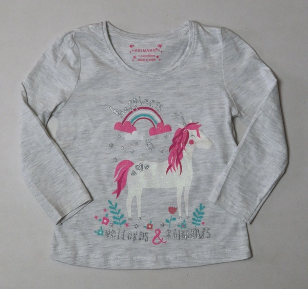 YD / PRIMARK HAPPINIS GLITTER PRINTED GIRLS T SHIRT 7R1 - Heather Grey, 3/4 Years