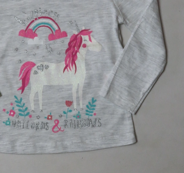 YD / PRIMARK HAPPINIS GLITTER PRINTED GIRLS T SHIRT 7R1 - Heather Grey, 3/4 Years