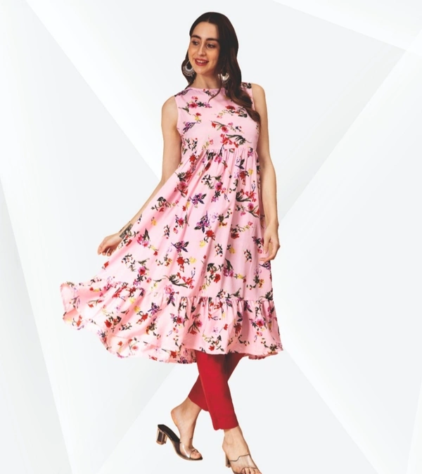 Fanclub  Viscose Blend Floral Printed Flared Kurta For Women 129 - Light Pink, M