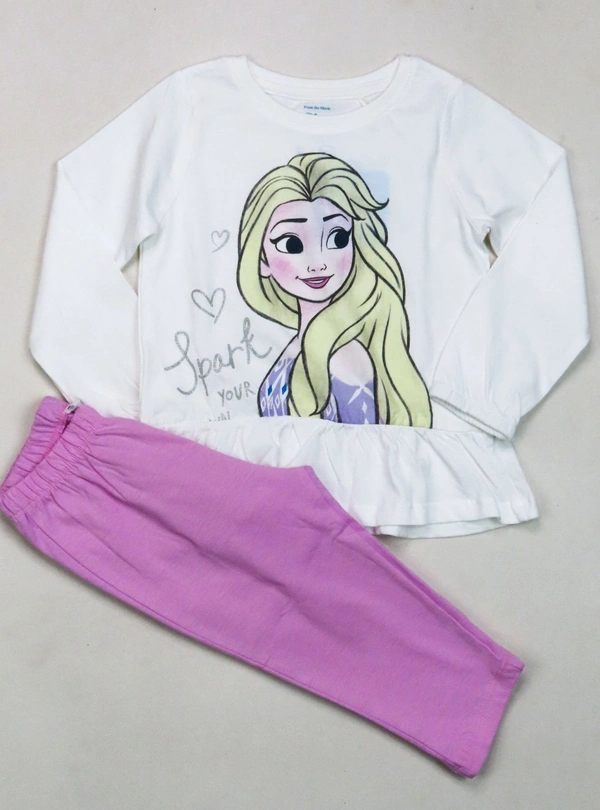 DISNEY (FROZEN) DISNEY GIRLS PYJAMA SET 0A1 - White  Tshirt/ Lilac Pant, 3y