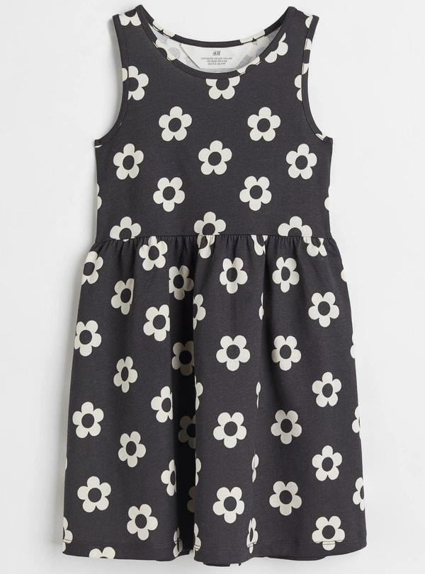 H&M (Label Mutilated) H&M GIRLS PRINTED KNIT  DRESS 4F2 - Black/Floral AOP, 5-6y