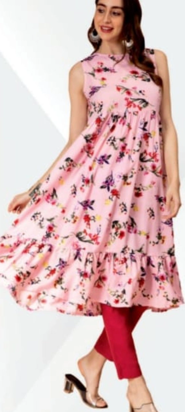 FABCLUB  Viscose Blend Floral Printed Flared Kurta For Women  129 - Light pink, XXL