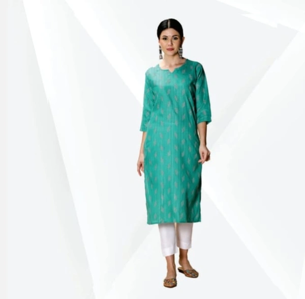 FABCLUB  Cotton  Slub Printed Calf Lenghth Straight Kurti For Women  116 - Turquoise, L, Kurta