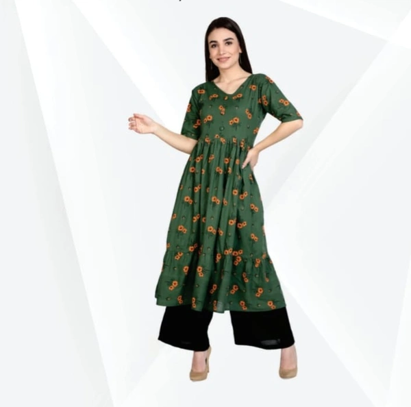 FABCLUB  Cotton Floral Print Calf Length Flared/Frock For Women   101 - Green, XL