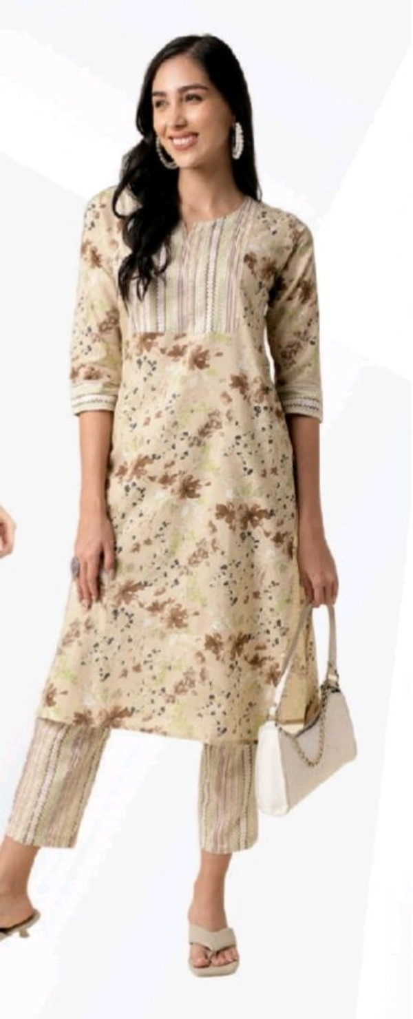 Alka Cotton Blend Floral Printed Straight Kurta 002 - Light Beige, 3XL