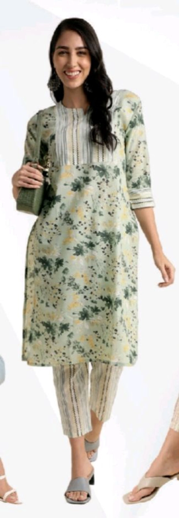 Alka Cotton Blend Floral Printed Straight Kurta 002 - Light Green, S