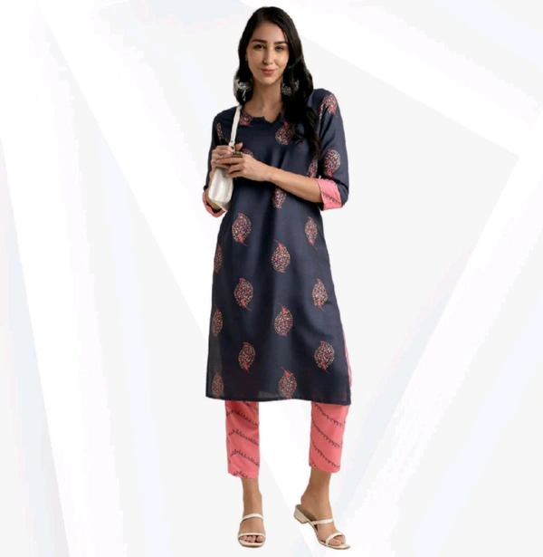 viral attire Rayon Foil Boota Printed Straight Kurta  - Navy Blue, L