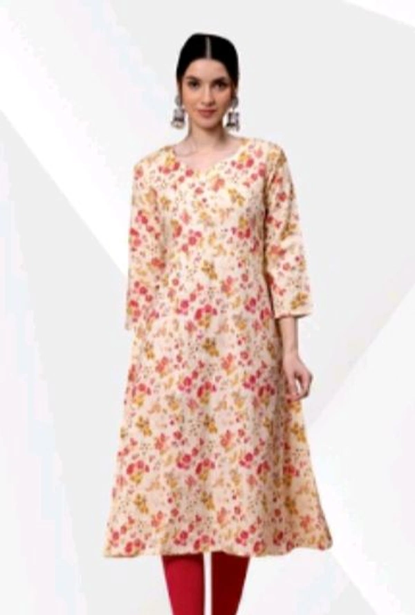 FABCIUB COTTON GEOMETRIC PRINTED FLARED WOMEN KURTI 140 - off White, L, Good Quality
