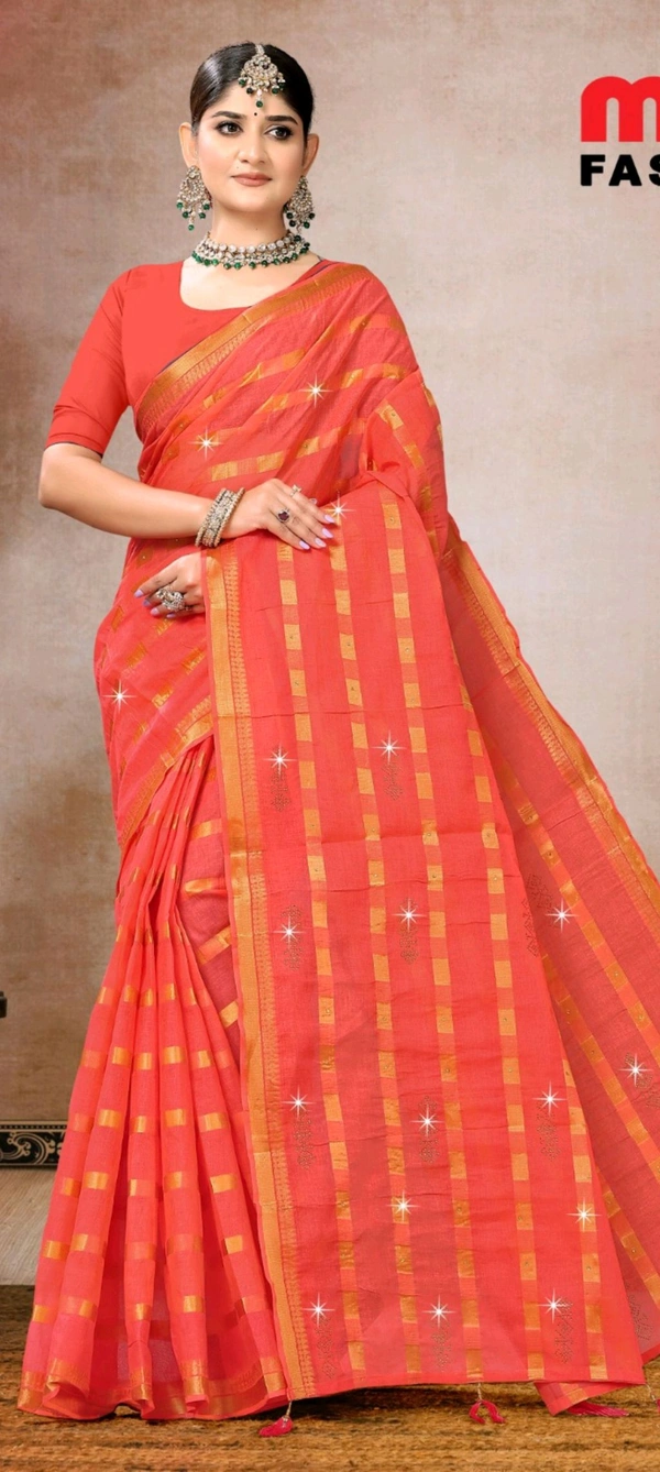 Minu  Smart Siroski Emb Saree 467 - Red Orange, 5.5, O.300