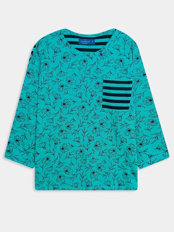 Weekend  Ladies 3/4th Sleeve AOP ToP 1B3 - Teal, L, 0.250