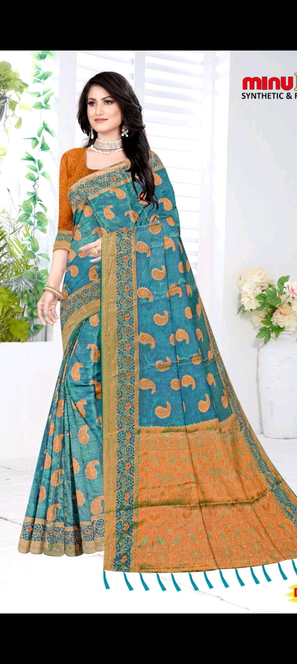 Minu Tissue Kanjivaram Fancy Saree  887 - Blue Stone, 6 mc, 0.500