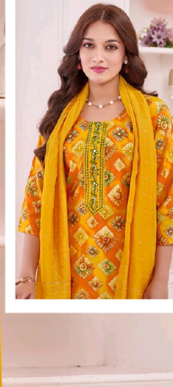 Minu Royal Style Stitched Suit 009 - Yellow Orange, L, Kurta Set