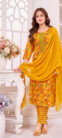 Minu Royal Style Stitched Suit 009 - Yellow Orange, 2XL, Kurta Set