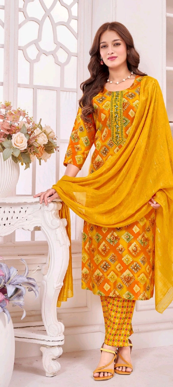 Minu Royal Style Stitched Suit 009 - Yellow Orange, 2XL, Kurta Set