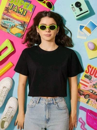 Real Essentials Ladies French Terry Navy Crop Top 3C1 - Black, L, Crop Top